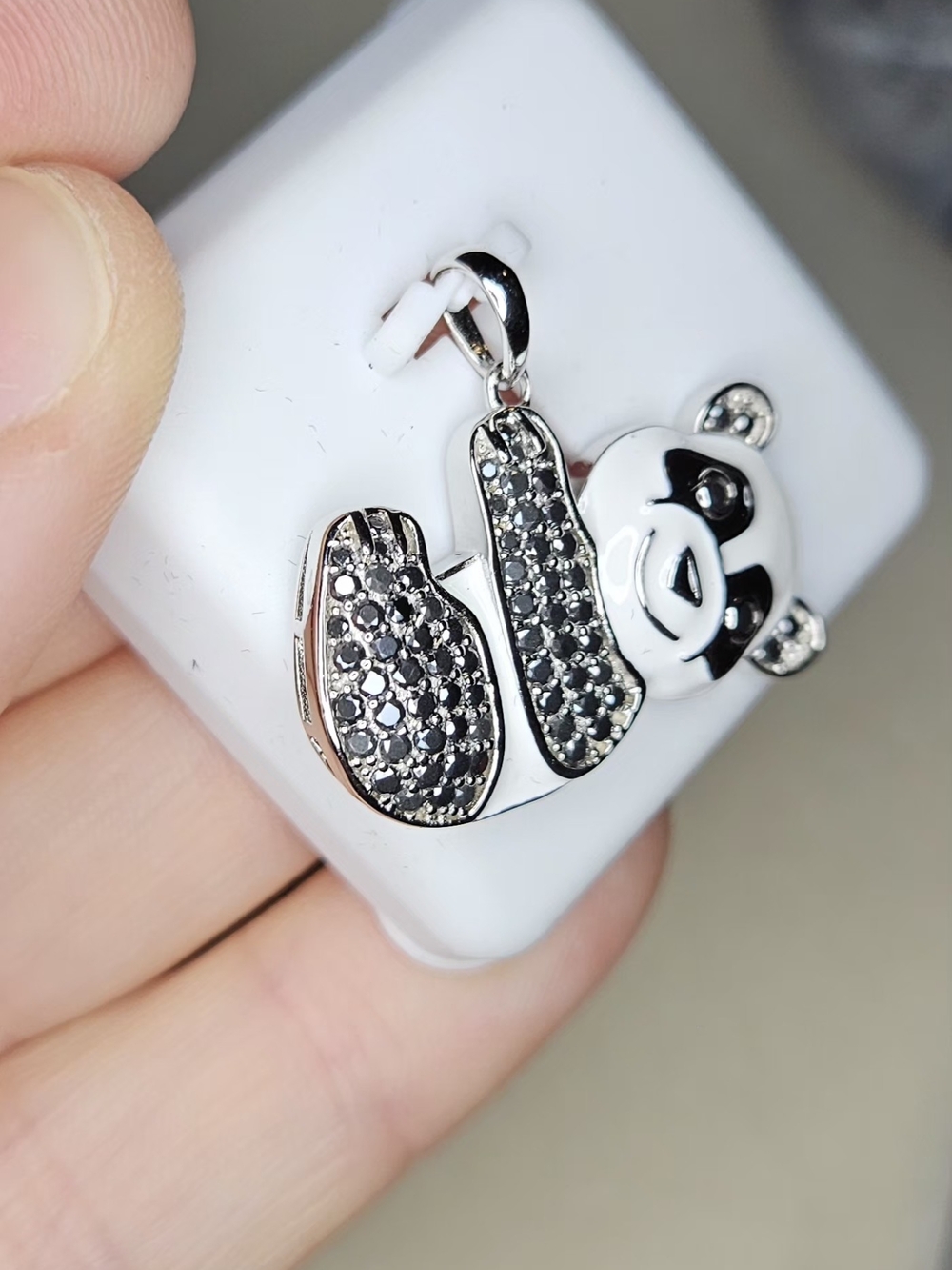 Panda Charm Pendant with Black Moissanite Accents Sterling Silver